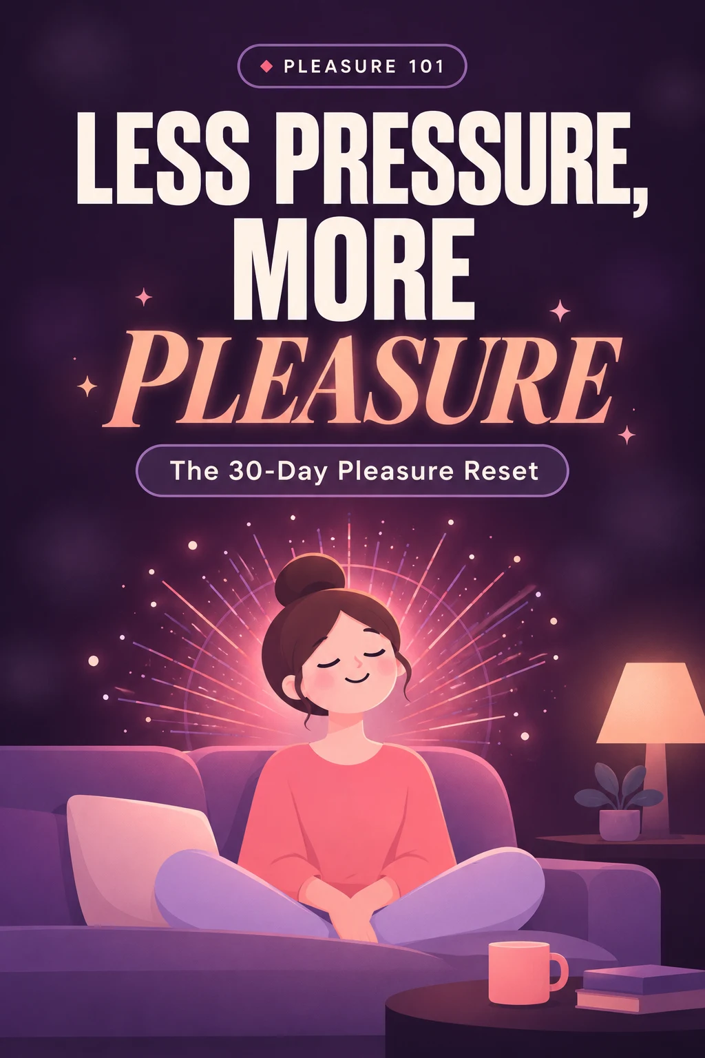 Less Pressure, More Pleasure — The 30-Day Pleasure Reset ebook cover, with an illustrated woman relaxing on a sofa